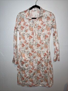 DownEast Cream Floral Long-Sleeve Shirt Dress with Peach and Sage Print